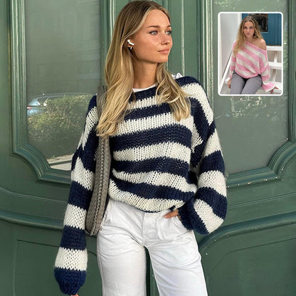 Loose Striped Pullover Sweater Fashion Versatile Long-sleeved Women Gym From House