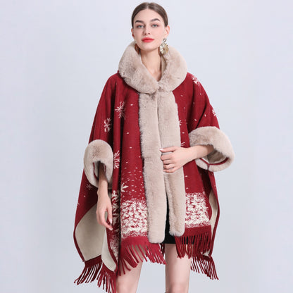 Loose Plaid Plus Cashmere Fur Collar Knitted Inverness Women Gym From House Red Snowflake Average Size