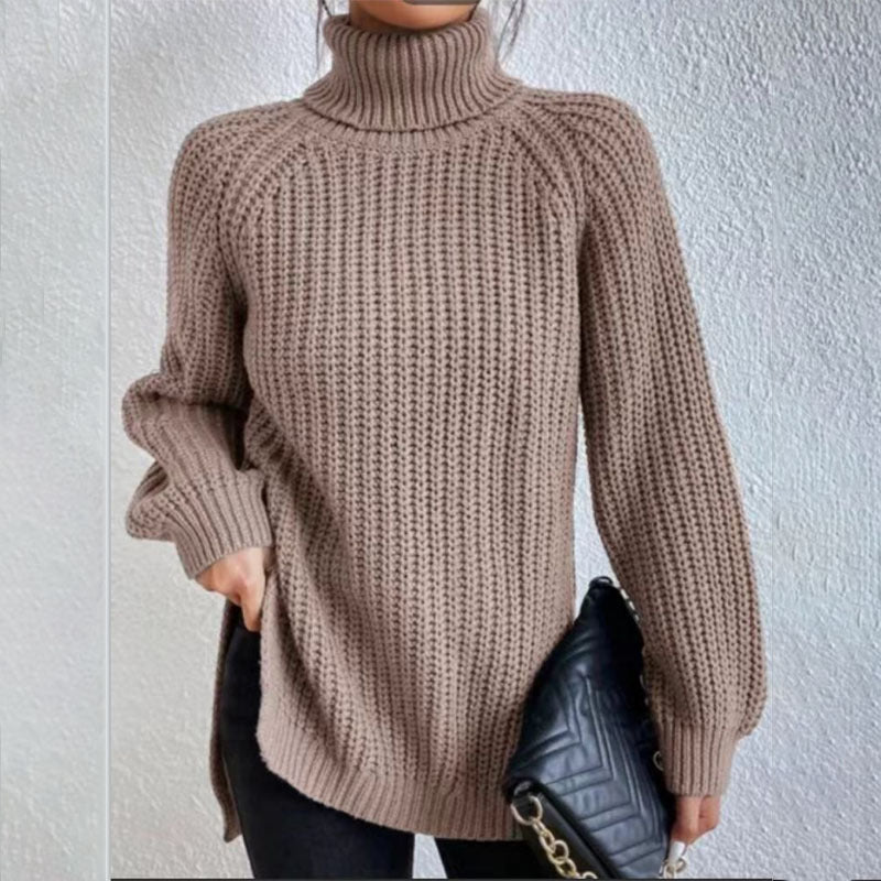 Turtleneck Pullover Sweater With Split Design Fashion Simple