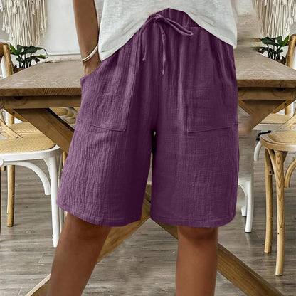 Linen Cotton Shorts, Solid Color Casual Shorts Tie Detail Shorts Women DealSniper.net