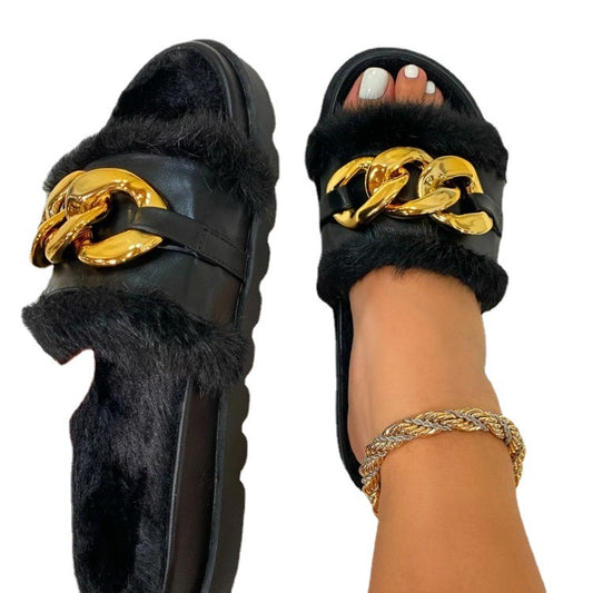 Women's Shoes Thick-soled One-line Chain Buckle Hair Slippers Women dealsniper-net