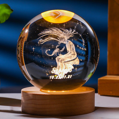 3D Constellation Crystal Ball Night Light Laser Engraved Home Decor DealSniper.net Scorpio 6mm Crystal Ball Warm Light USB Base