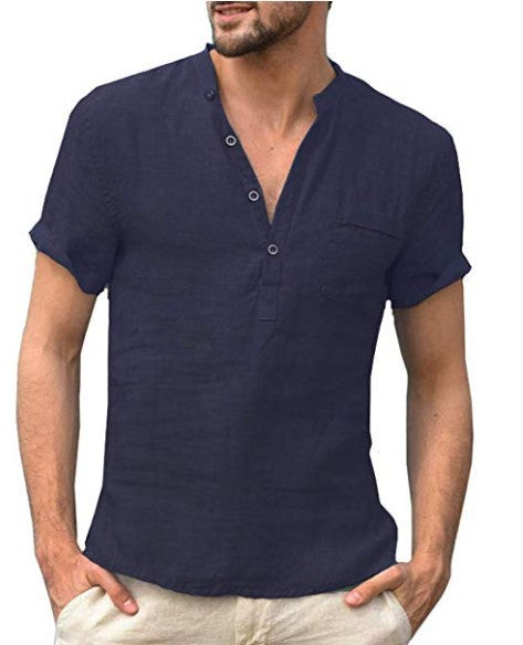 Casual Linen Solid Color Shirt Button V Neck Beach Shirt Men Summer Tops Men DealSniper.net Navy blue L