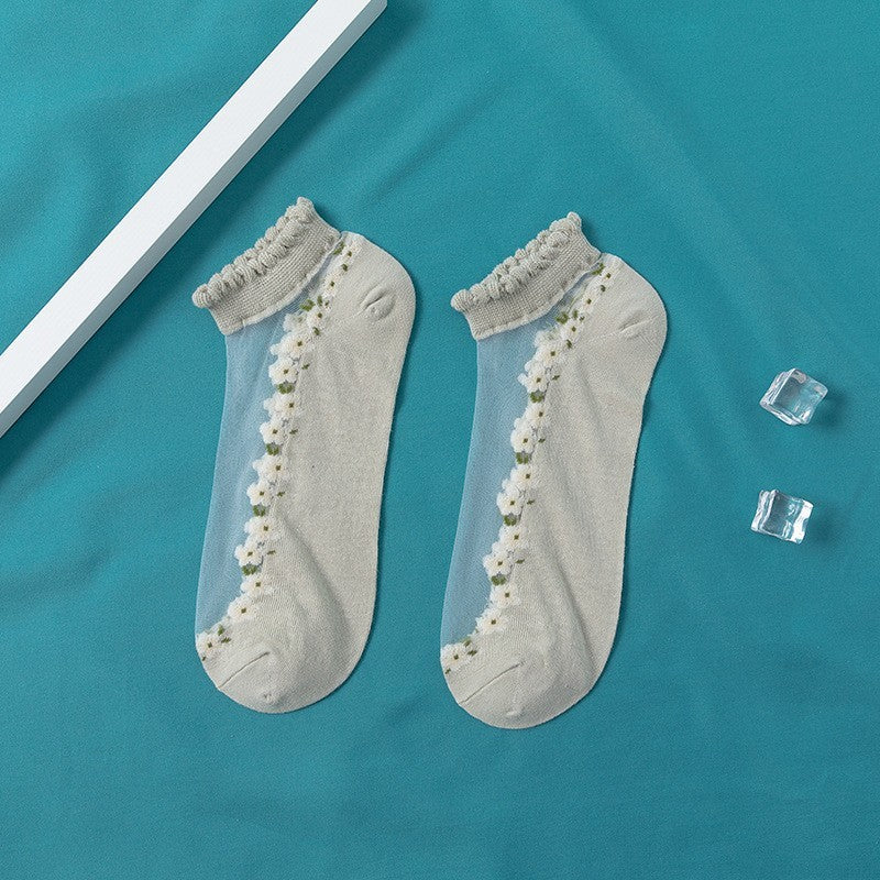 Women's Thin Spun Glass Lace Crystal Boat Socks Women DealSniper.net Cyan Free Size