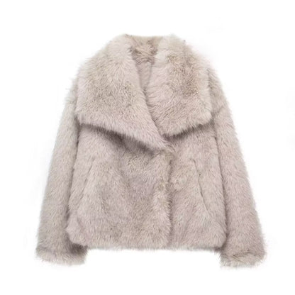 Winter Plush Coat Fashion Thicken Lapel Outwear Women DealSniper.net Greige L