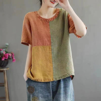 Cotton Linen Contrast Color T-shirt Artistic Design Half Sleeve Women Women dealsniper-net