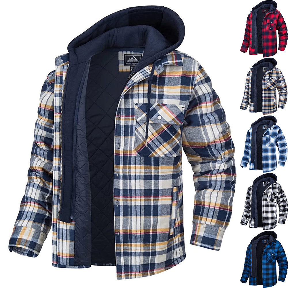 Men's Plaid Hooded Coat Winter Warm Button Zip-up Jacket Women null