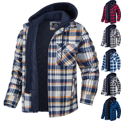 Men's Plaid Hooded Coat Winter Warm Button Zip-up Jacket Women null