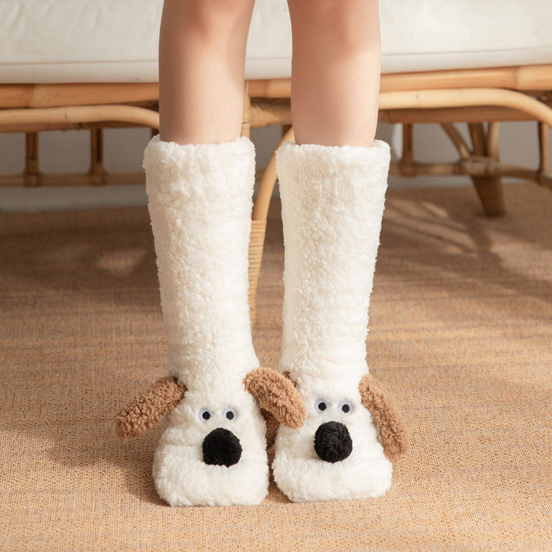 Cute Cartoon Dog Floor Socks Winter Warm Non-slip Women BeardAir.com White Dog One size
