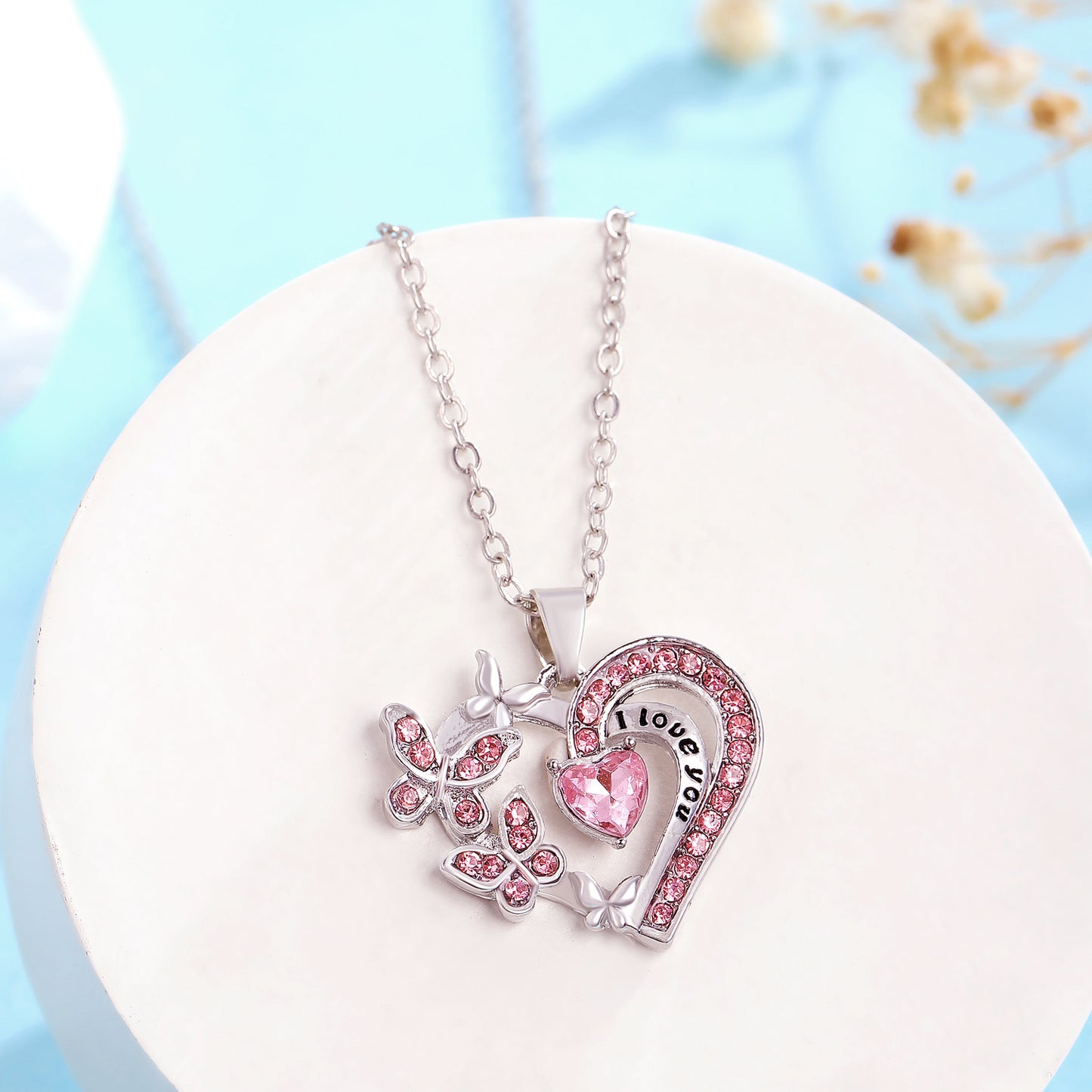 Ins Butterfly Love Necklace With Rhinestones Fashion Jewelry dealsniper-net Pink