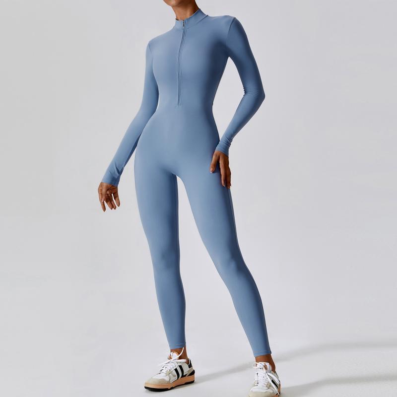 Zipper Long Sleeve Jumpsuit Yoga Fitness Training Pants