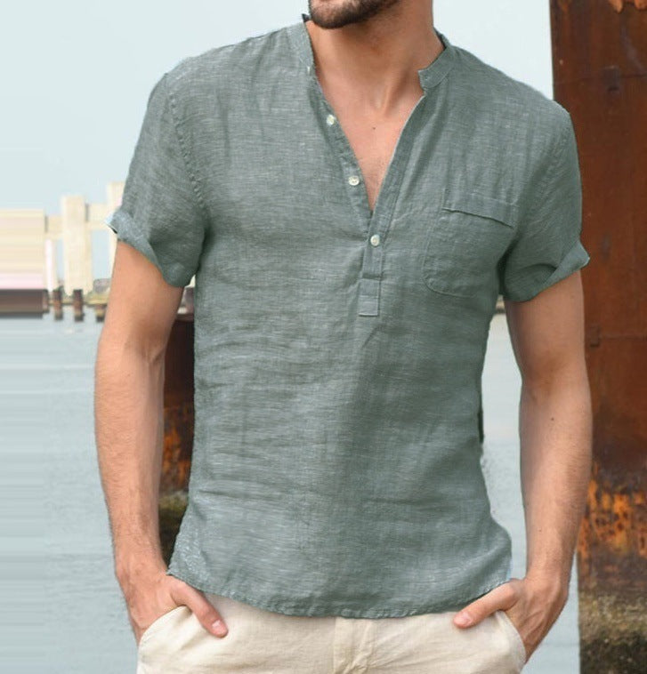 Casual Linen Solid Color Shirt Button V Neck Beach Shirt Men Summer Tops Men DealSniper.net Dark green L