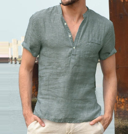 Casual Linen Solid Color Shirt Button V Neck Beach Shirt Men Summer Tops Men DealSniper.net Dark green L