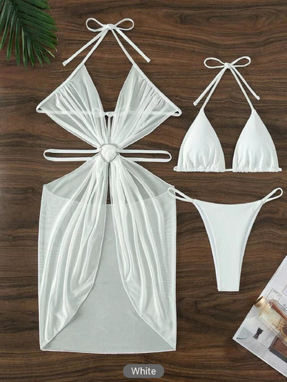 3 pcs Halter Neck Bikini Beach Summer Split Swimsuit Women dealsniper-net White L