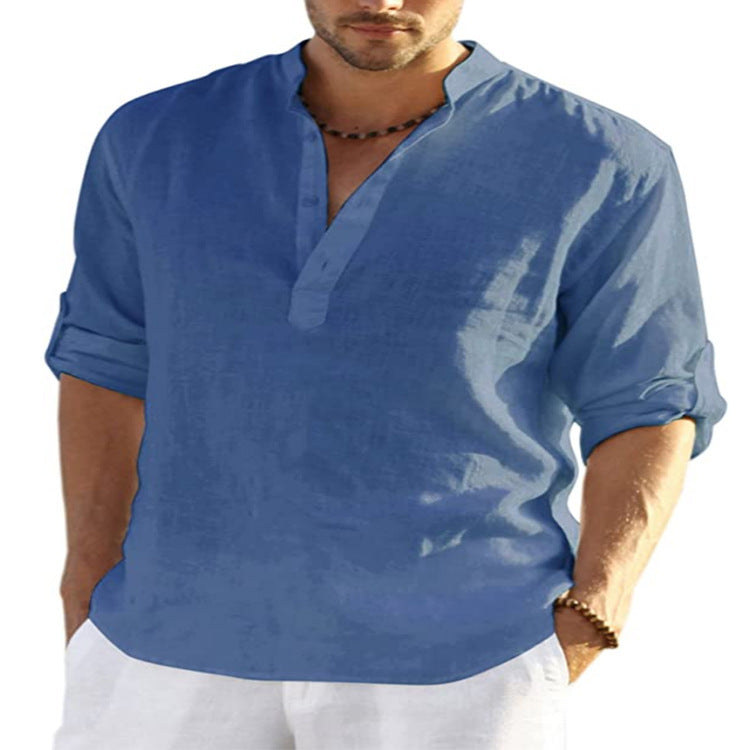 Men's Casual Cotton Linen Solid Color Long Sleeve Shirt Loose Stand Collar Deals DealSniper.net Blue 2XL