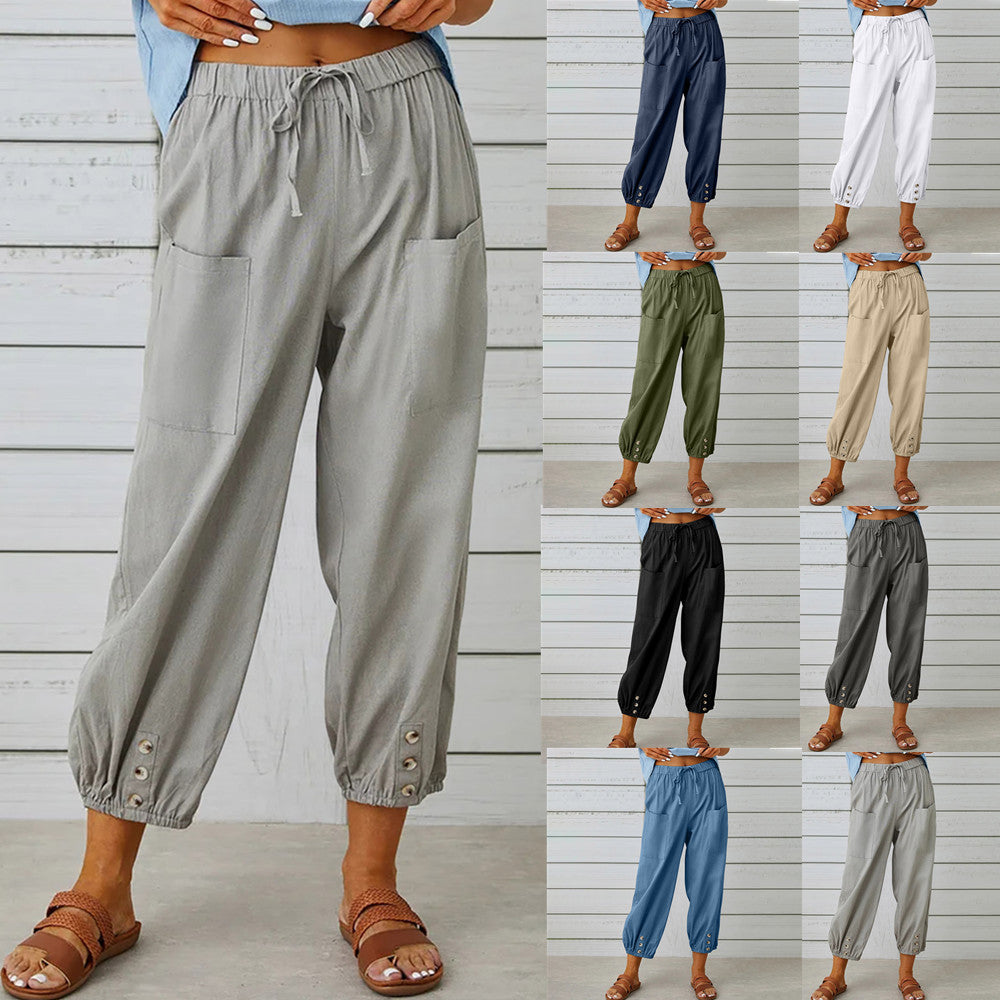 Women Drawstring Tie Pants Spring Summer Cotton And Linen Women dealsniper-net