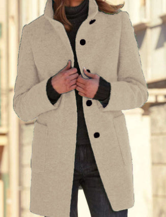 Fashion Stand Collar Woolen Coat With Pockets Fall Winter Women DealSniper.net Apricot 2XL