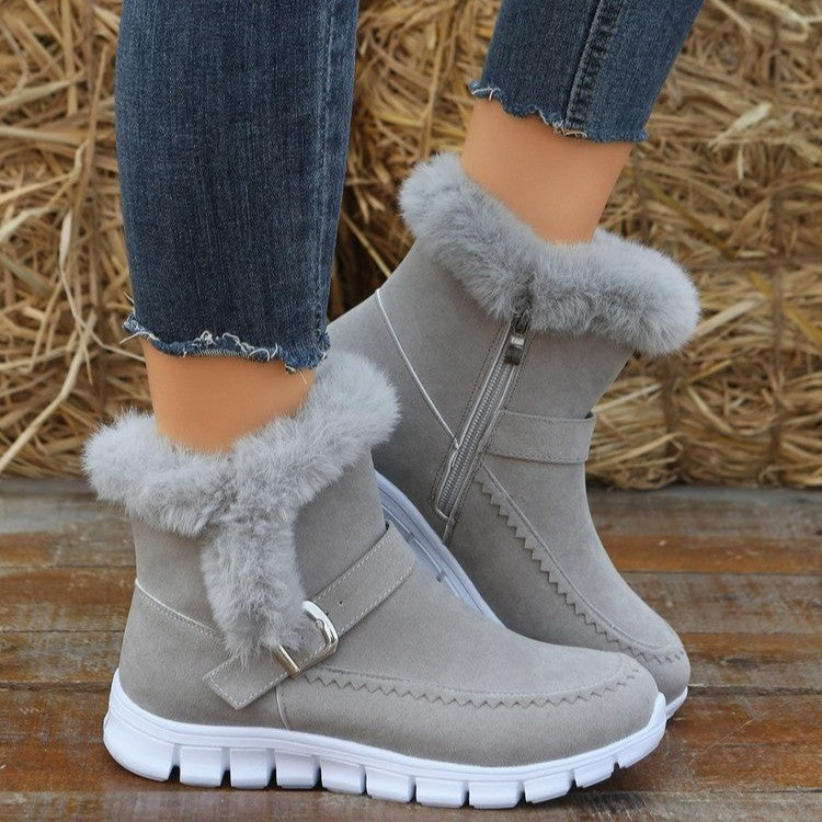 New Snow Boots Winter Warm Thickened Solid Color Plush Ankle Boots With Buckle Design Plus Velvet Flat Shoes For Women Women dealsniper-net Grey Size35