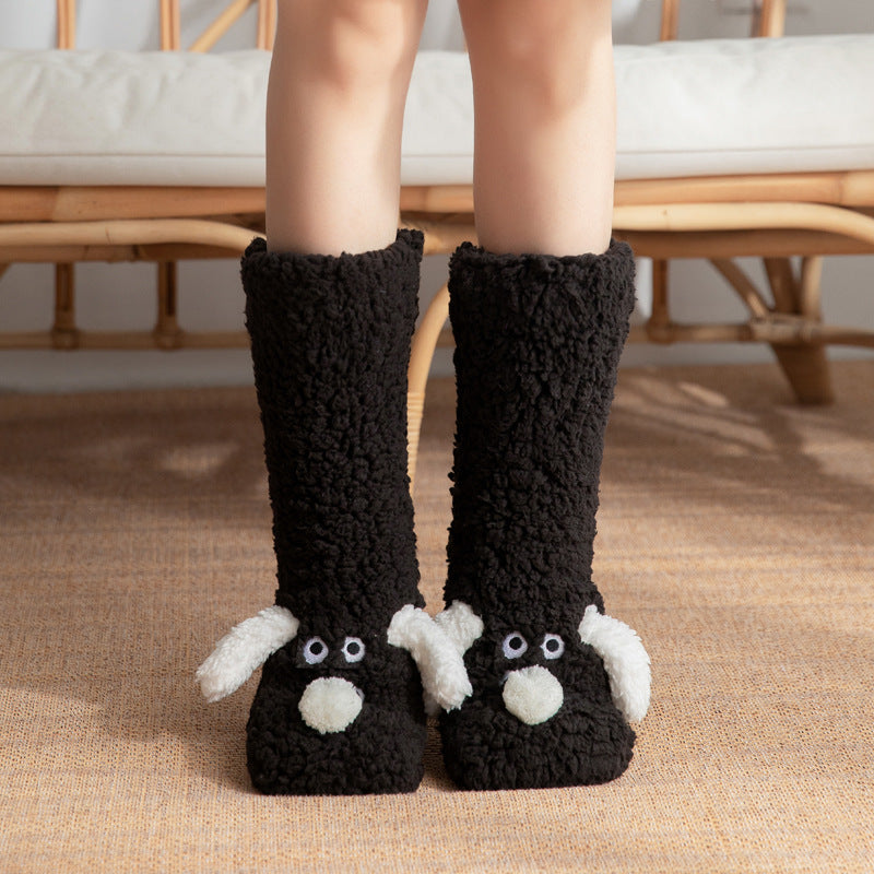 Cute Cartoon Dog Floor Socks Winter Warm Non-slip Women BeardAir.com Black Dog One size
