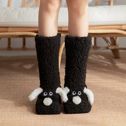 Cute Cartoon Dog Floor Socks Winter Warm Non-slip Women BeardAir.com Black Dog One size