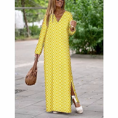 Summer Geometric Printed V-neck Long Dress Fashion Women dealsniper-net Yellow 3XL