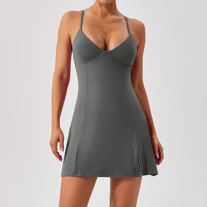 Ladies New Siamese Tennis Skirt Yoga Dress Women Gym From House Gray L
