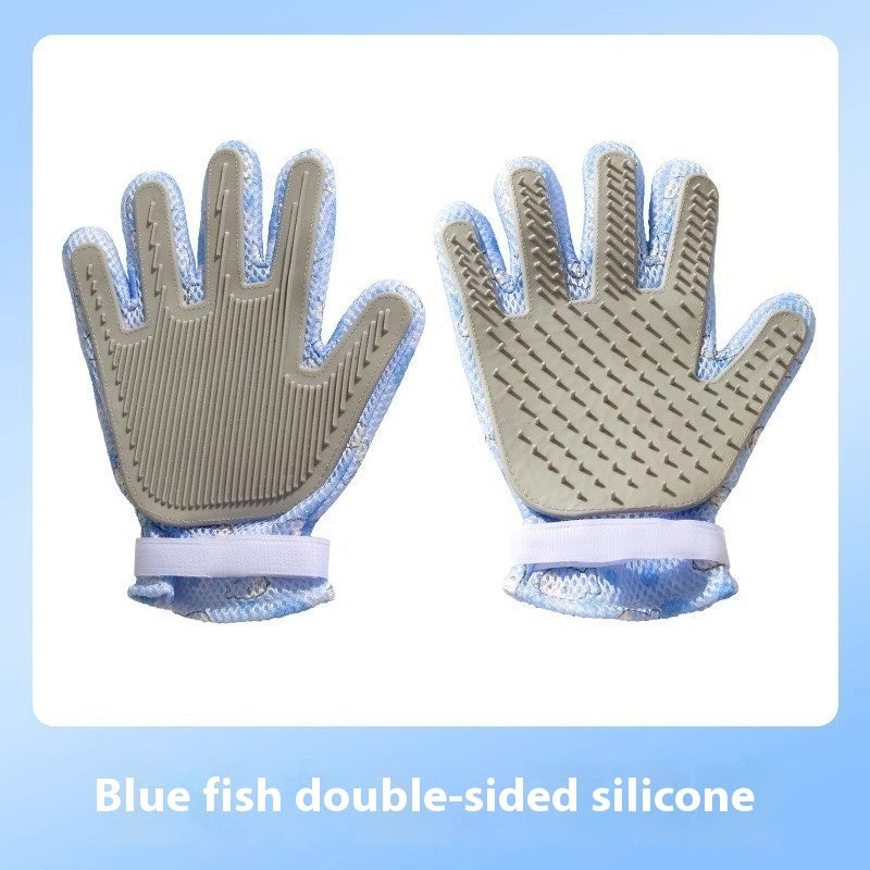 Pet Bath Cat Petting Gloves Double-sided Floating Hair Comb Pets Gym From House Blue fish double side