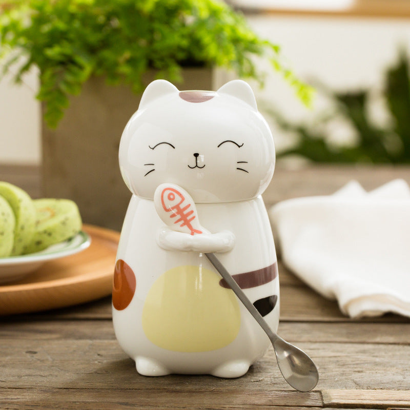 Cute Cat Coffee Mug Cup With Spoon Creative Hand Painted Gifts Holidays dealsniper-net Yellow