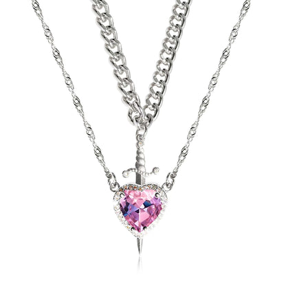 New Heart And Sword Necklace Set Gold Color Stainless Steel Jewelry dealsniper-net Silver Set Pink Diamond