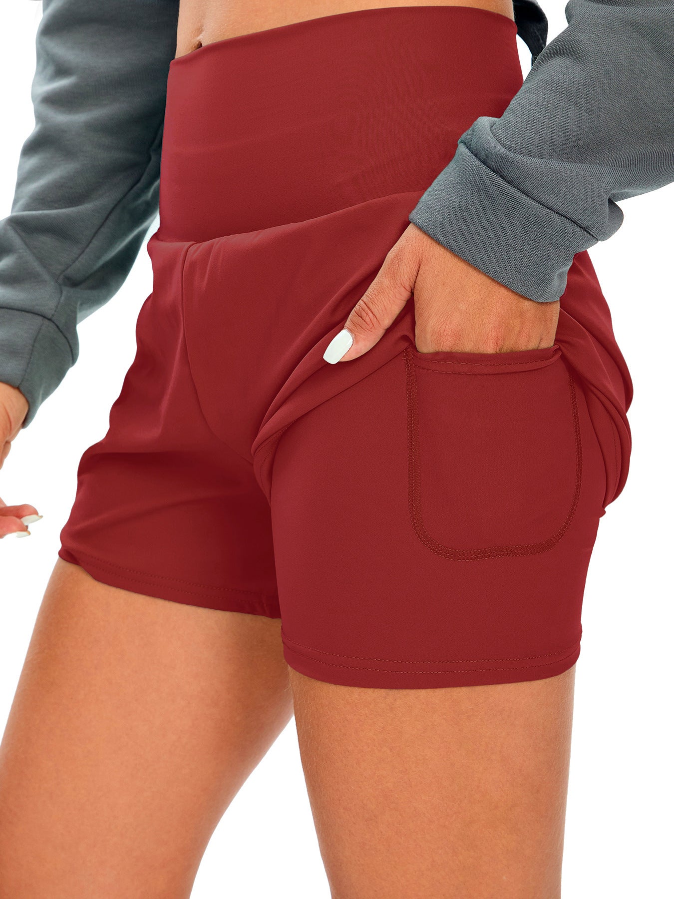 Fitness Simple Casual Pants High Waist Pocket Yoga Shorts Women DealSniper.net L Wine Red