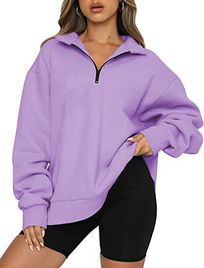 Women Sweatshirts Zip Turndown Collar Loose Casual Tops Clothes Women dealsniper-net