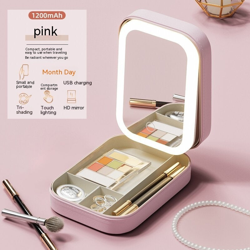 Makeup Storage Box With LED Light Mirror Portable Travel Makeup Beauty dealsniper-net Cherry Blossom Pink USB