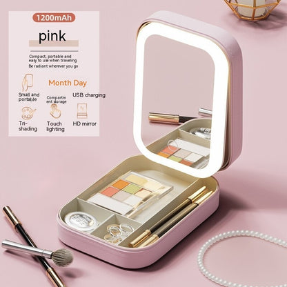 Makeup Storage Box With LED Light Mirror Portable Travel Makeup Beauty dealsniper-net Cherry Blossom Pink USB