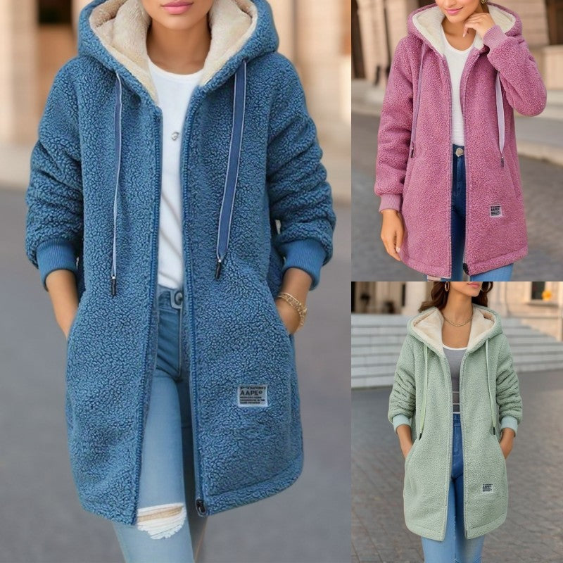 Winter Fleece Hooded Jacket Fashion Casual Zip-up Pockets Women null