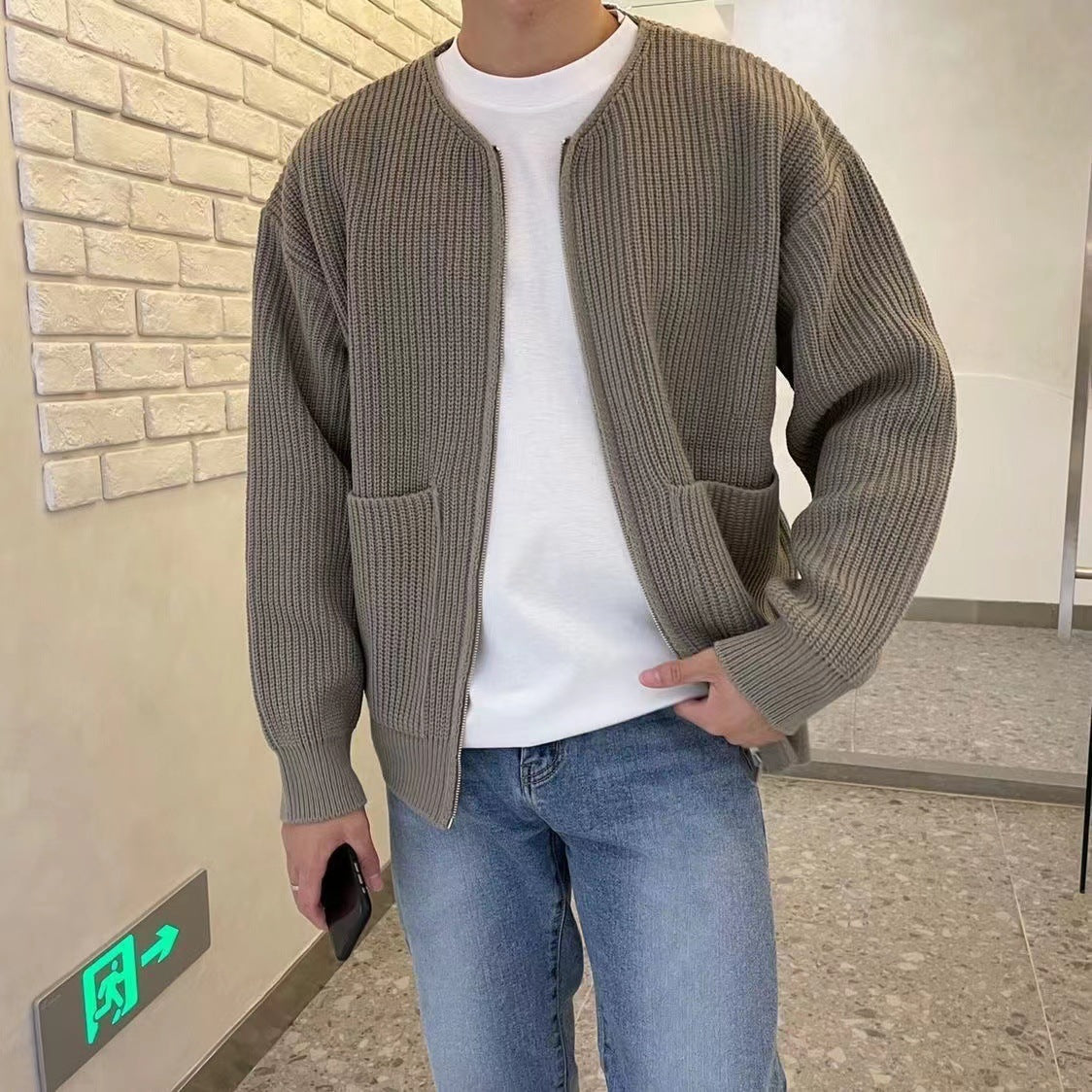 Men Zip Up Knitted Cardigan Lined Funnel Sweater Men Gym From House Khaki 2XL