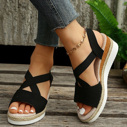 Wedge Sandals For Women Cross-strap Platform Gladiator Hemp Heel Shoes Summer Women DealSniper.net Black 35