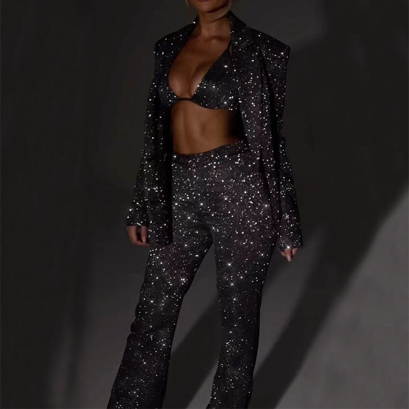 3pcs Shiny Long-sleeved Suit With Bra Lapel Blazer Women DealSniper.net Black L