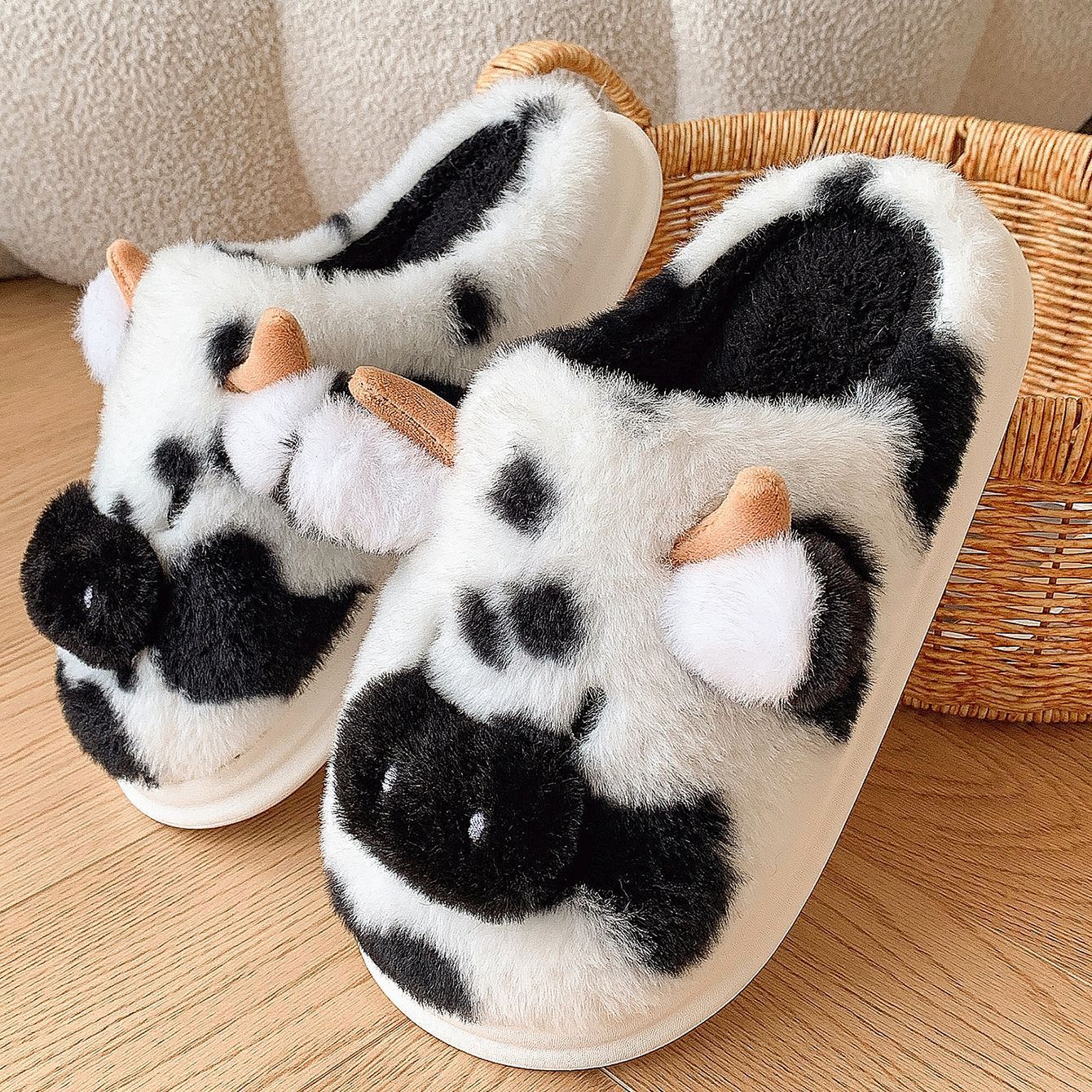 Cute Cartoon Cow Plush Slippers Winter Warm Indoor Shoes Women DealSniper.net Black 36to37