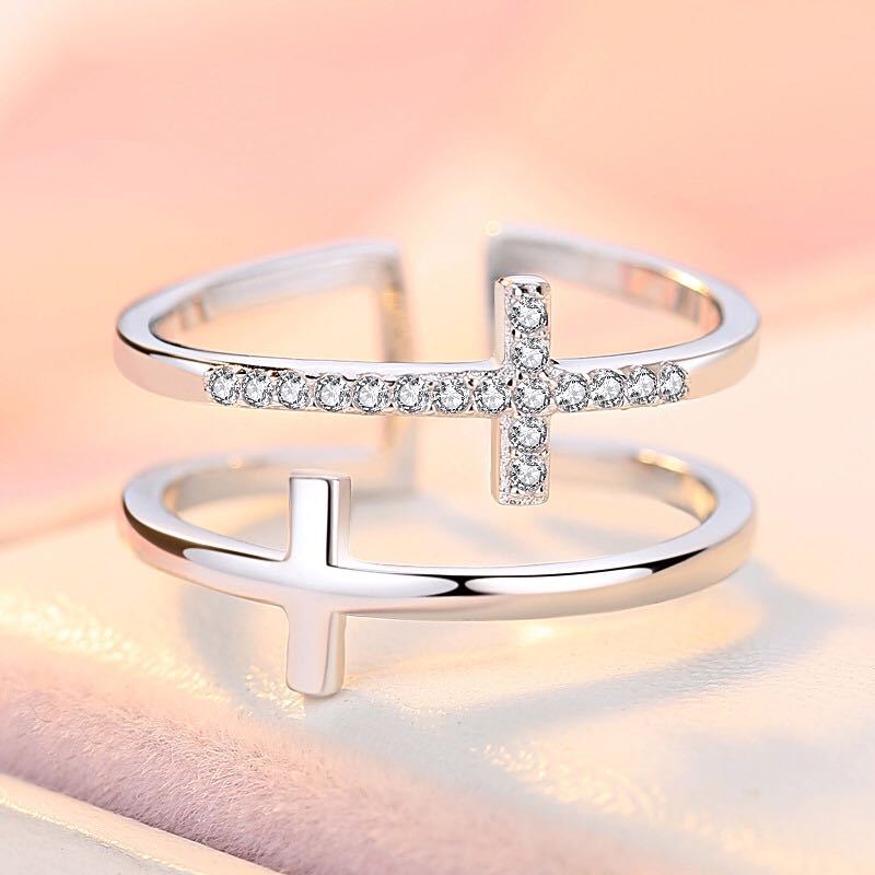 Double Cross Miniature Copper Inlaid Zircon Ring Jewelry dealsniper-net