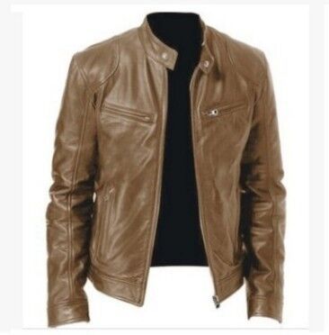 PU Leather Jacket Slim Leather Jacket Men dealsniper-net Khaki 2XL