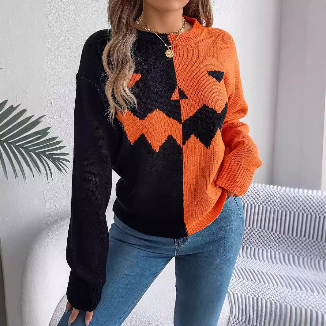 Halloween Contrast-color Pullover Sweater Fashion Long Sleeve Women dealsniper-net Orange L