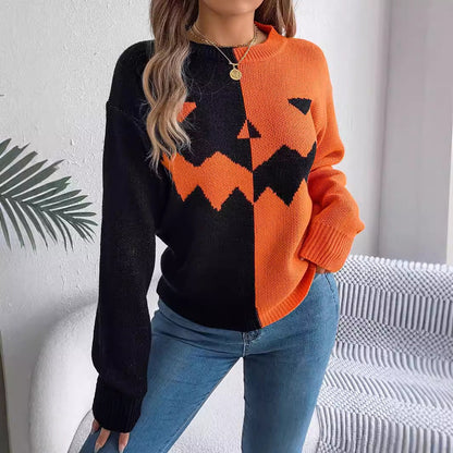 Halloween Contrast-color Pullover Sweater Fashion Long Sleeve Women DealSniper.net Orange L