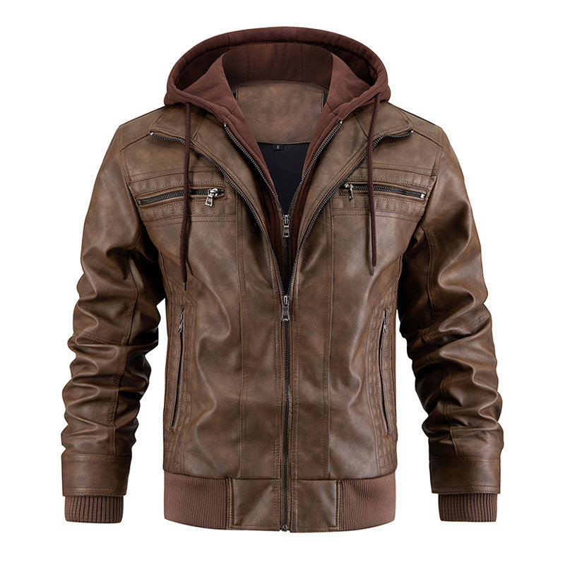 Hooded Jacket With Zipper Pockets Fashion Warm Pu Leather Men DealSniper.net Brown L