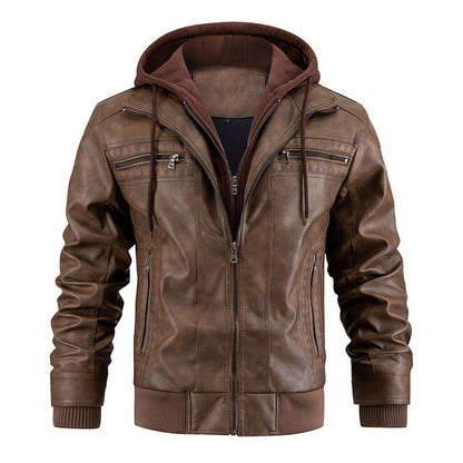 Hooded Jacket With Zipper Pockets Fashion Warm Pu Leather Men DealSniper.net Brown L