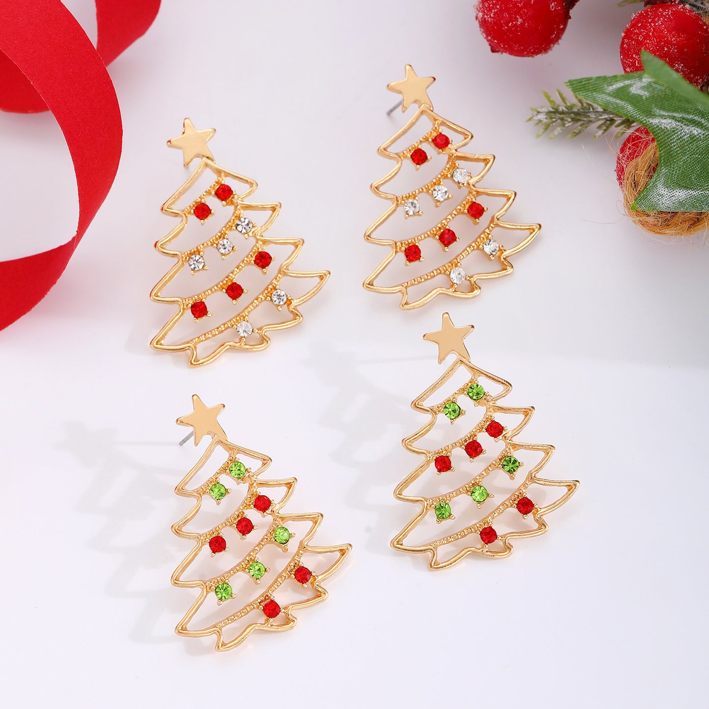 Christmas Earrings With Christmas Tree Colorful Zircon