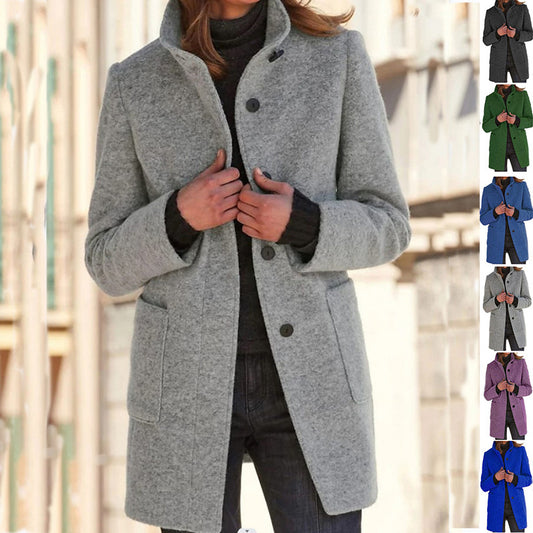 Fashion Stand Collar Woolen Coat With Pockets Fall Winter Women dealsniper-net