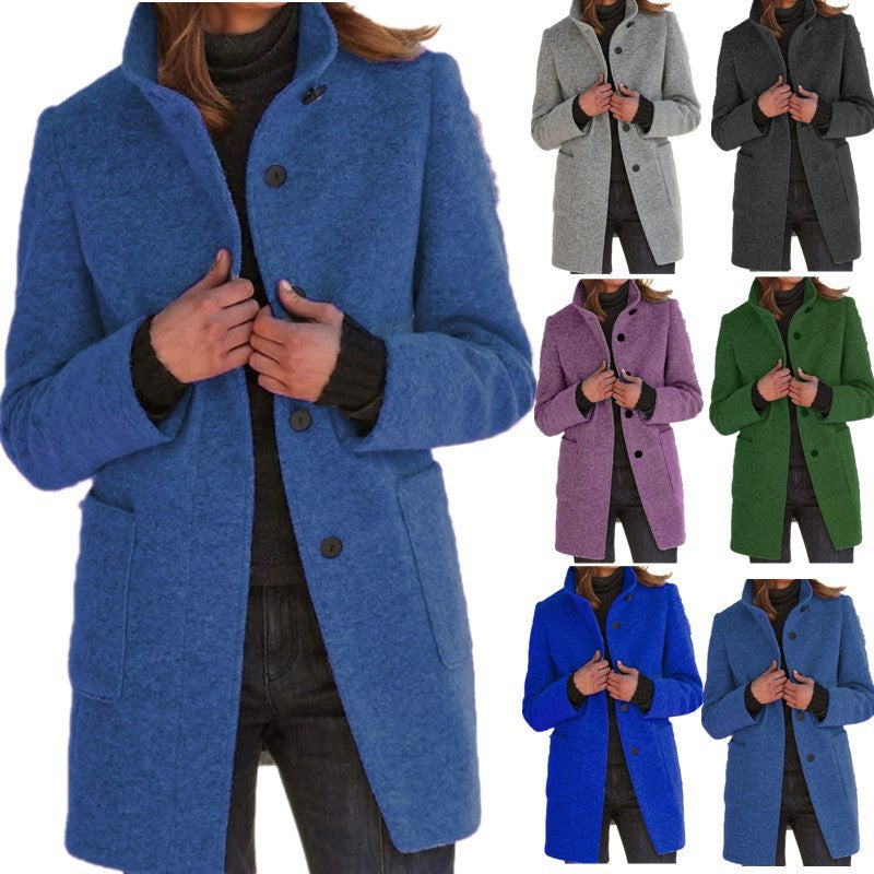 Fashion Stand Collar Woolen Coat With Pockets Fall Winter Women dealsniper-net