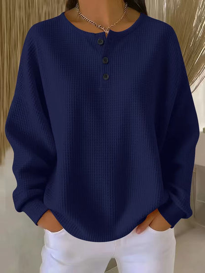 Ins Waffle Long-sleeved T-shirt Fashion Solid Color Buttons Women Gym From House Dark Blue 2XL