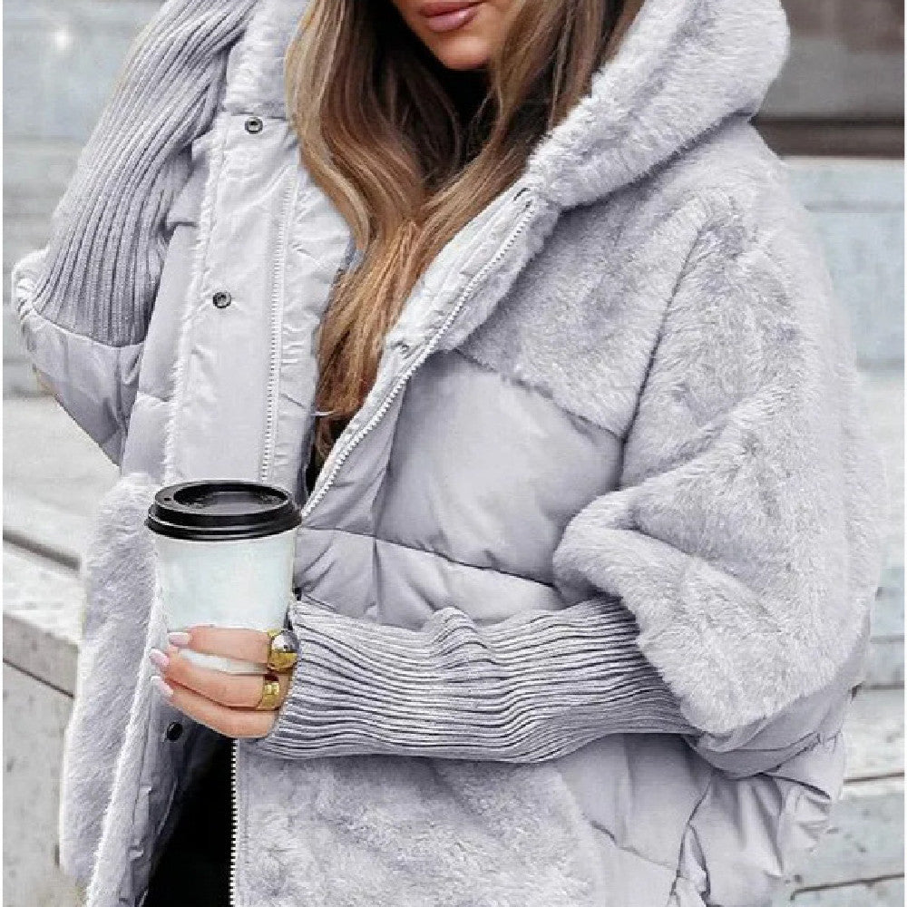 Women's Loose Cotton Coat Faux Fur Patchwork Winter Coat Women null Gray L