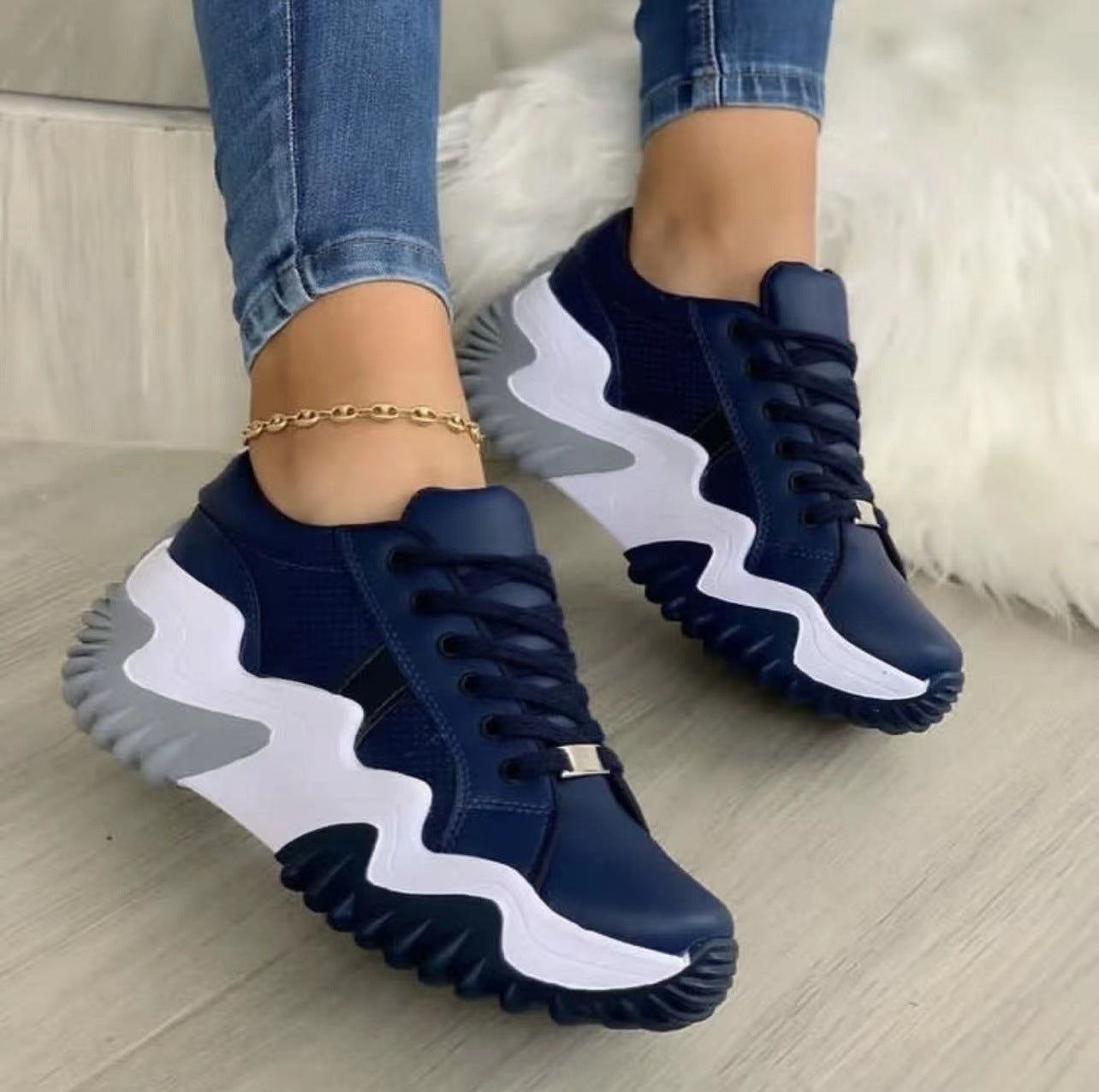 Women Shoes Lace-up Sports Sneakers Women dealsniper-net Navy blue Size36